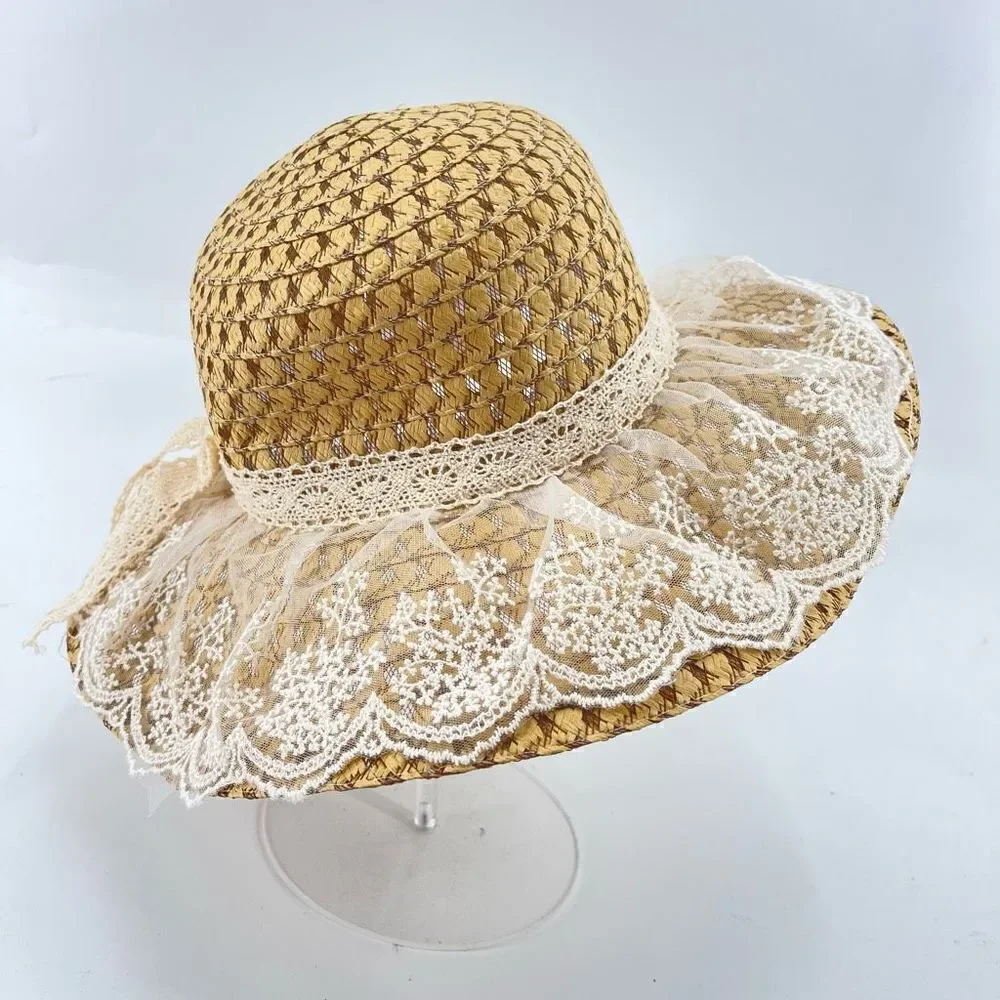 Women's Beach Straw Hat cottagecore Lace Chin Strap Outdoor Travel Panama One Si